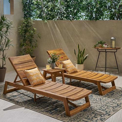 Christopher Knight Home Outdoor Acacia Wood 3 Piece Chaise Lounge Set Teak + Yellow