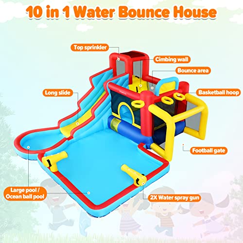 AKEYDIY Inflatable 10-in-1 Bounce House Water Slide with Splash Pool & 620W Blower
