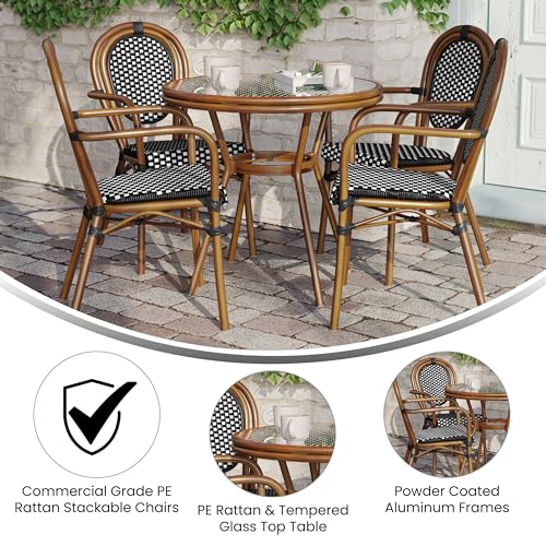 Flash Furniture Lourdes Indoor/Outdoor Commercial Bistro Set - Tempered Glass Top Table & 4 Chairs - Black & White Rattan/Natural Frame
