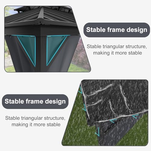 GarveeLife 12x12FT Hardtop Gazebo Galvanized Steel Double Roof with Curtain and Netting Gray