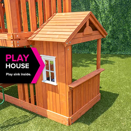 Sportspower Sandalwood Wood Swing Set with Swings, Slide & Playhouse Green