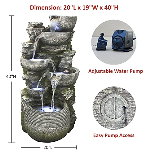 Litedeer Homes Cascading Stone Water Fountain with LED Lights 40-Inch Gray