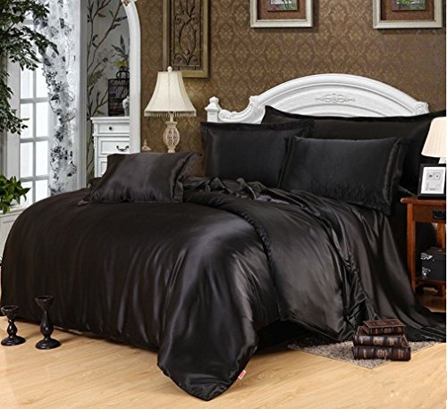 MAXFEEL 4pcs Mulberry Silk Bedding Set King Black