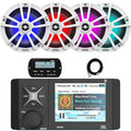 Enrock Marine 4" Color LCD Bluetooth Stereo Receiver with Wired Remote & 20-Foot Extension Cable, 4x 6.5" Waterproof Coaxial RGB LED Boat Speakers White LED