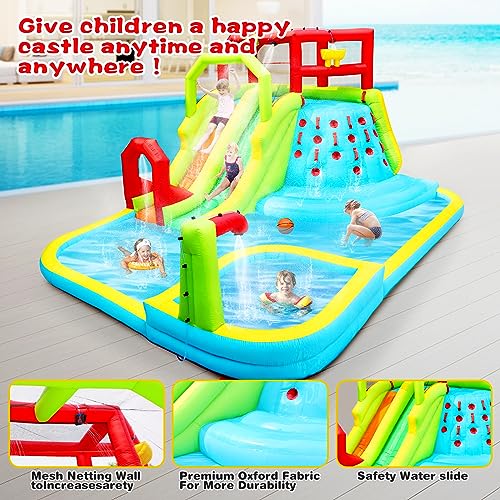 WELLFUNTIME Inflatable Water Slide Park with Splash Pool, Climbing Wall, Sport Balls, Water Guns, and Air Blower