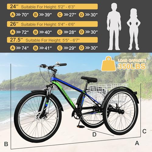 NAIZEA Adult Mountain Tricycle 7 Speed Three Wheel Cruiser Bike 24/26/27.5 Inch Trikes with Shopping Basket Black Blue Green