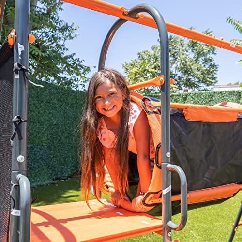 Jungle Warrior Anaconda Metal Swing Set with Saucer & Sling Swings, Rock Wall, 5ft Slide Orange/Green/Grey