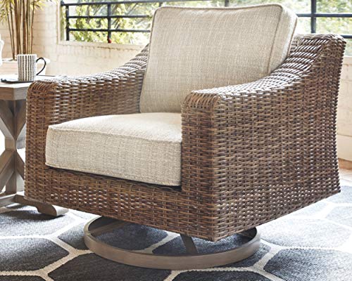 Signature Design by Ashley Beachcroft Outdoor Swivel Wicker Patio Lounge Chair Brown Beige