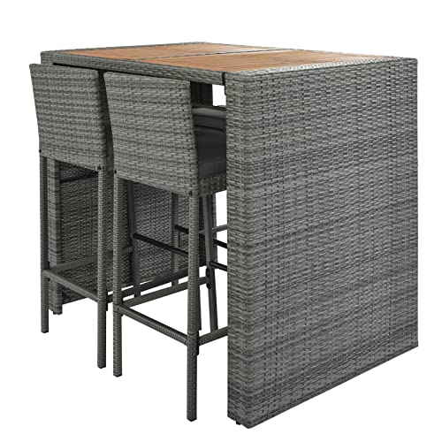 EPOFIT 5-Piece Wicker Outdoor Bar Set with 4 Cushioned Stools & Acacia Wood Table Grey