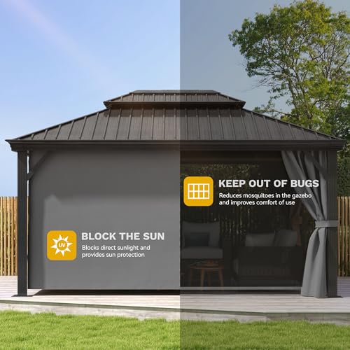 DWVO 12x16ft Hardtop Gazebo Double Roof with Netting and Curtains Gray