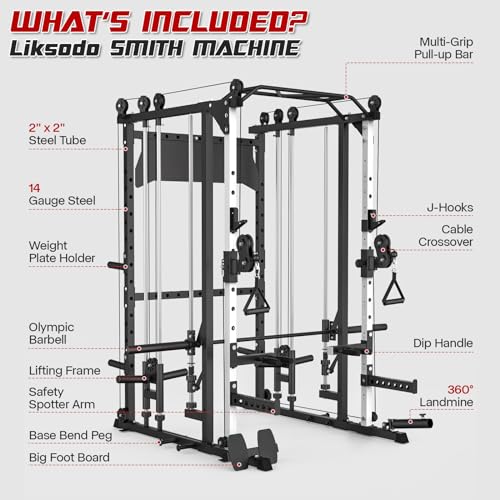 Liksodo Smith Machine 2000LBS Squat Rack with LAT-Pull Down & Cable Crossover White