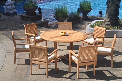 WholesaleTeak 8-Piece Grade-A Teak Wood Dining Set with 60" Round Table and 8 Stacking Arm Chairs Teak