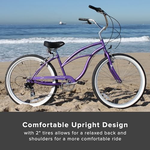 Firmstrong Urban Women's Beach Cruiser Bike, 7 Speed, 26 Inch, Purple w/ Black Seat