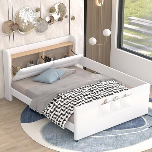 Brisca Full Size Upholstered Platform Bed with Storage and Guardrail Beige