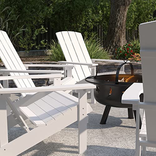 Merrick Lane Ayala Adirondack Chairs & Fire Pit - 4 Pack White Poly Resin Chairs with Black Star and Moon Fire Pit