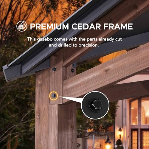 Sunjoy 12.5 x 12.5 ft. Hardtop Gazebo Outdoor Cedar Frame with Steel Roof Black