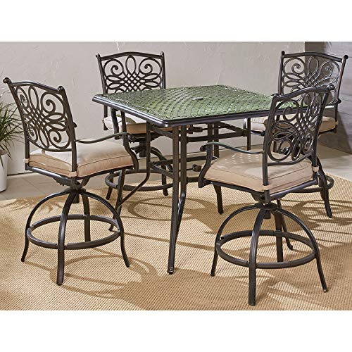 Hanover Traditions 5-Piece High-Dining Set with Cushioned Swivel Chairs and 42" Square Cast-Top Table Tan