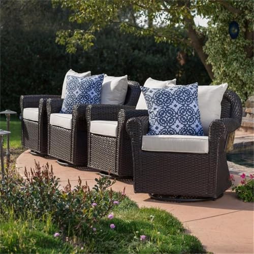 Noble House Amaya Outdoor Dark Brown Wicker Swivel Rocking Chair Set of 4 with Beige Cushions Brown