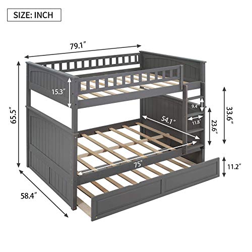 Harper & Bright Designs Full Over Full Bunk Bed with Trundle Grey