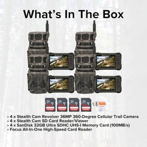 Stealth Cam Revolver 36MP 360-Degree Cellular Trail Camera Bundle with Card Reader and 32GB Memory Card (4-Pack)