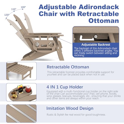 FOOWIN Adirondack Chair with Retractable Ottoman, Adjustable HDPE Folding Chair Set of 4, All-Weather Resistant, Brown