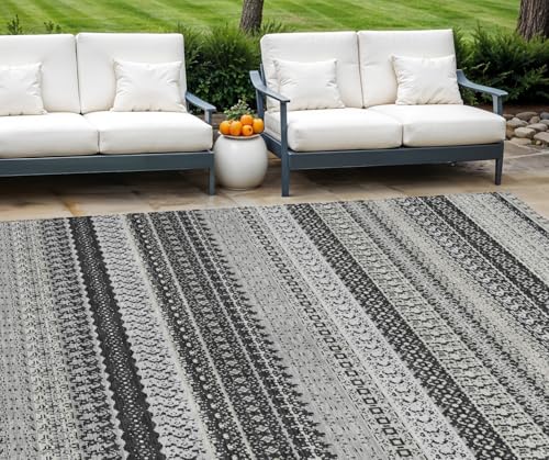 HomeRoots 10' x 14' Black Striped Washable Non-Skid Indoor Outdoor Area Rug Black
