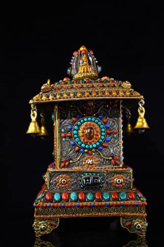 Generic 14" Tibetan Temple Collection Silver Gilt Gem Dzi Beads Wind Chimes Buddha Statue Four-Armed Guanyin Exorcism 1