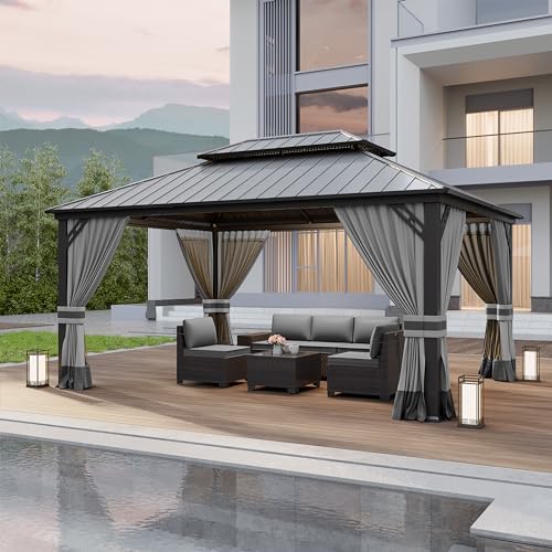Kurapika 12' x 16' Hardtop Gazebo Outdoor Metal Pavilion with Canopy and Netting Gray