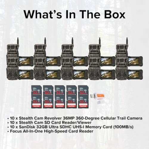 Stealth Cam Revolver 36MP 360-Degree Cellular Trail Camera Bundle with SD Card Reader and 32GB Memory Card (10-Pack)