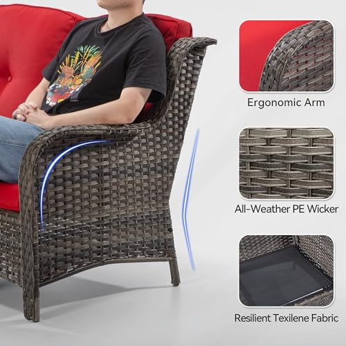 MeetLeisure 8-Piece Wicker Patio Furniture Set with Sofa, Swivel Rocking Chairs, Ottomans, and Side Table Red