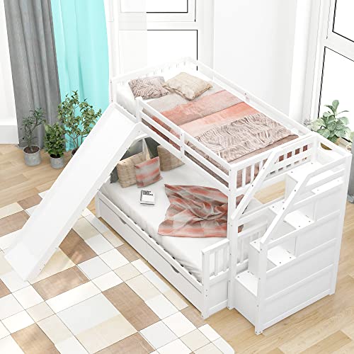 Flieks Twin Over Full Bunk Bed with Drawers and Slide White