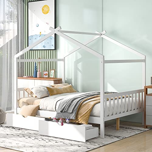 Merax Full Size Platform Bed Frame with Drawers White