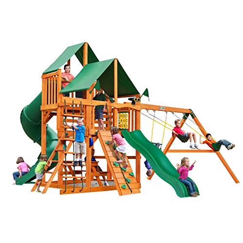 Gorilla Playsets Great Skye I Wood Swing Set with Green Vinyl Canopy, Tube Slide, Rock Wall Amber