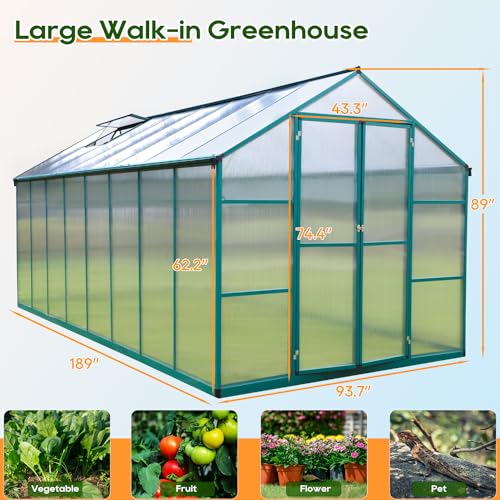 ONLYCTR 8'x16' Green Polycarbonate Walk-In Greenhouse with Roof Vent