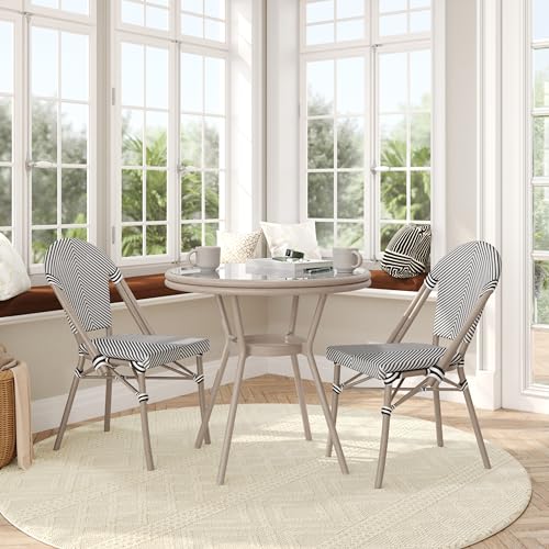 Flash Furniture Marseille Indoor/Outdoor Bistro Set - Tempered Glass Table & 2 Chairs - Black & White Textilene/Light Natural Frame