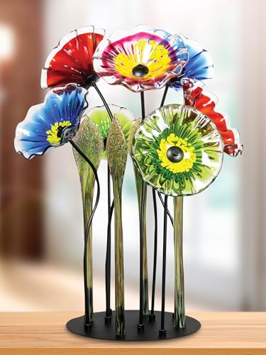 Dale Tiffany Fiore Bloom Hand Blown Glass Flower Sculpture with Metal Stand Multicolor 34.5