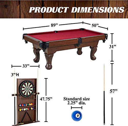 BARRINGTON 90 Inch Ball and Claw Leg Billiard Pool Table with Bonus Cue Rack and Dartboard Set Red