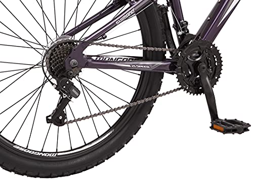 Mongoose Flatrock Womens Hardtail Mountain Bike 26-Inch Wheels 21 Speed Twist Shifters 16-Inch Lightweight Aluminum Frame Purple