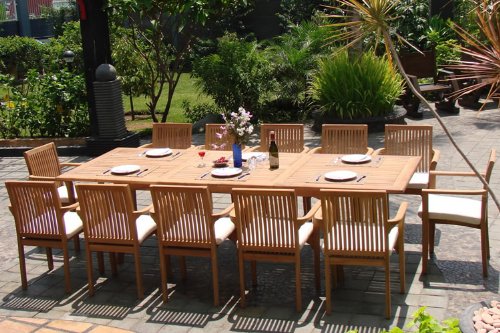 WholesaleTeak 11 Pc Luxurious Grade-A Teak Dining Set with 117" Rectangle Table and 10 Lua Stacking Arm Chairs