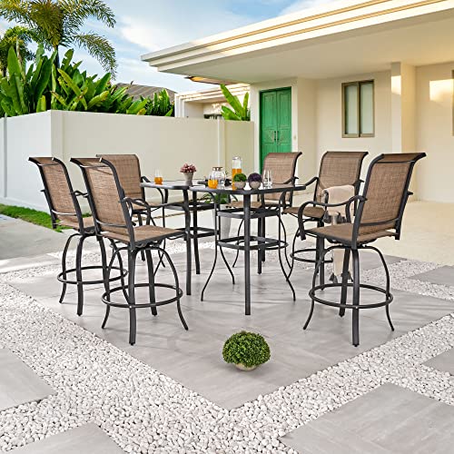 Festival Depot 8pcs Patio Dining Set Bar Height Stools Swivel Bistro Chairs Tempered Glass Top Table Metal Outdoor Furniture Brown