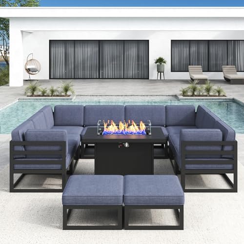 LayinSun Large Aluminum Patio Furniture Set with Fire Pit Table, 11 Pieces Outdoor Sectional Sofa Set Black/Navy Blue