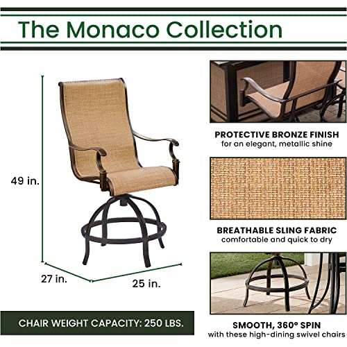 Hanover Monaco 7-Piece Outdoor Dining Set with Contoured Swivel Chairs and 56" Round Tile-Top Table Tan