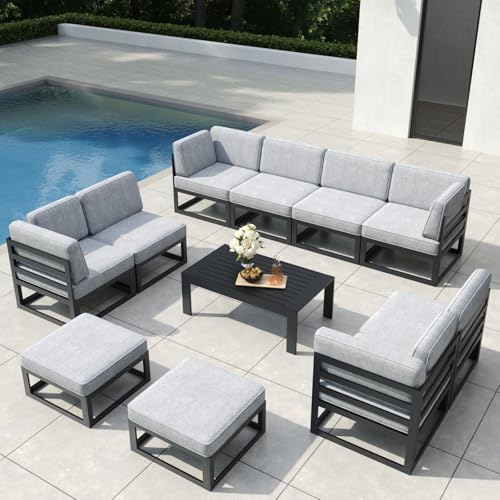 Vakollia 11 Pieces Aluminum Patio Furniture Set with Coffee Table Black/Light Grey