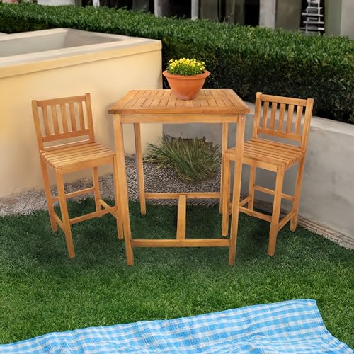 Sunnydaze 3-Piece Teak Wood Bar-Height Patio Table Set Teak