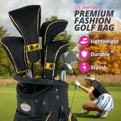 Taboo Fashions Women's Golf Bag Lightweight Ladies Cart Bag 14-Way 7 Zippered Pockets Rain Hood Insulated Beverage Compartment Black Gold