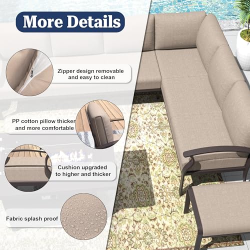 Kurapika 8-Piece Aluminum Patio Furniture Set with Propane Fire Pit Table, Modern Outdoor Sectional Sofa, Sand