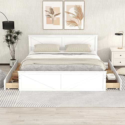 RORIGAT King Size Platform Bed with Storage Drawers White