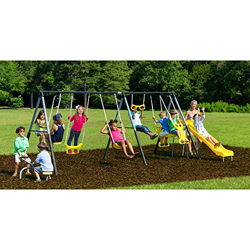 XDP Recreation Rising Sun Metal Swing Set with Slide, See Saw, Glider, and Swings Yellow