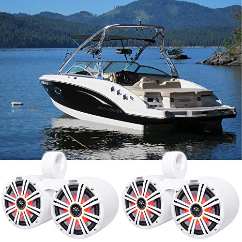 KICKER 8" 600 Watt Marine Boat Waterproof Speakers with LEDs and Rockville Dual 7.7" Wakeboard Tower Enclosure White