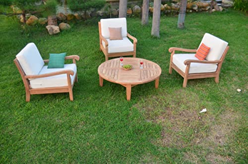 WholesaleTeak Napa 4 Pc Lounge Chair Set with Cushions and 46" Sack Round Coffee Table Canvas White